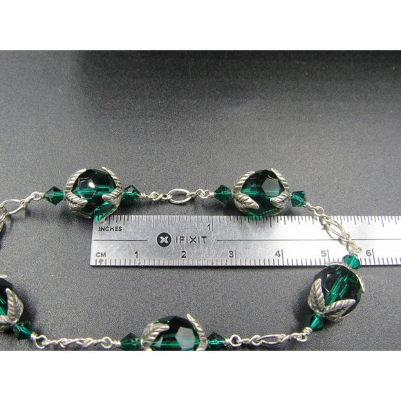 7 Inch Sterling Silver Unique Green Crystals With Leaf Accents Nature Bracelet - Picture 6 of 7